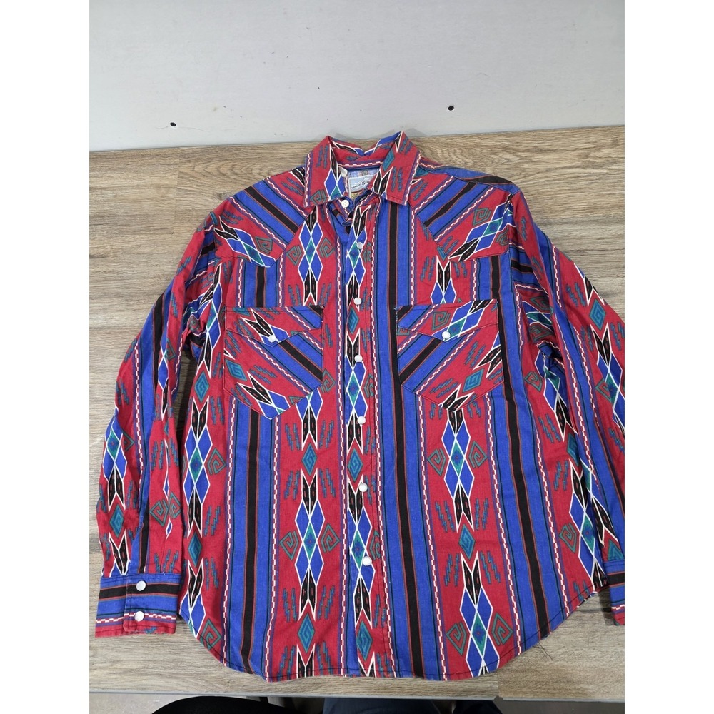 Rocking K Ranchwear 70s Striped Aztec Western Pearl Snap Shirt Kennington S
